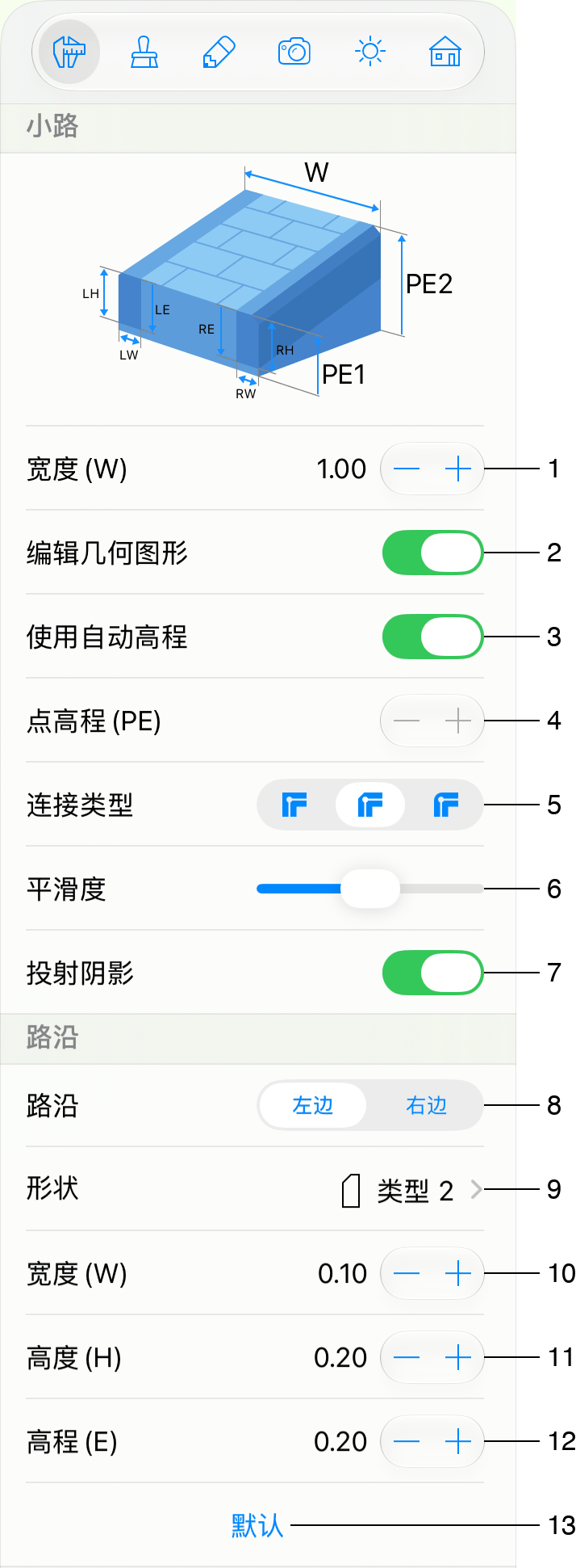 检查器中小路对象的属性。