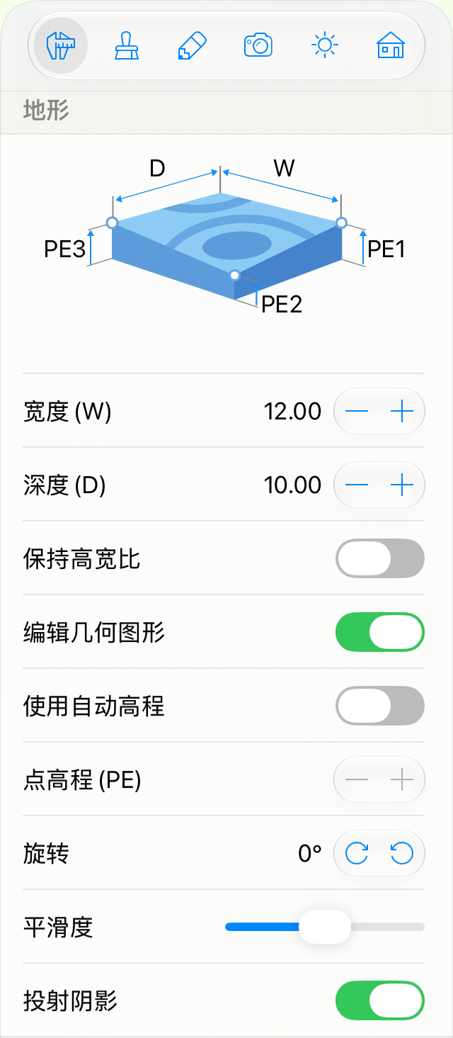 检查器中地形对象的属性。