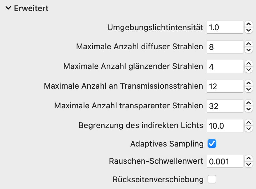 Erweiterte Einstellungen für den Renderer Cycles