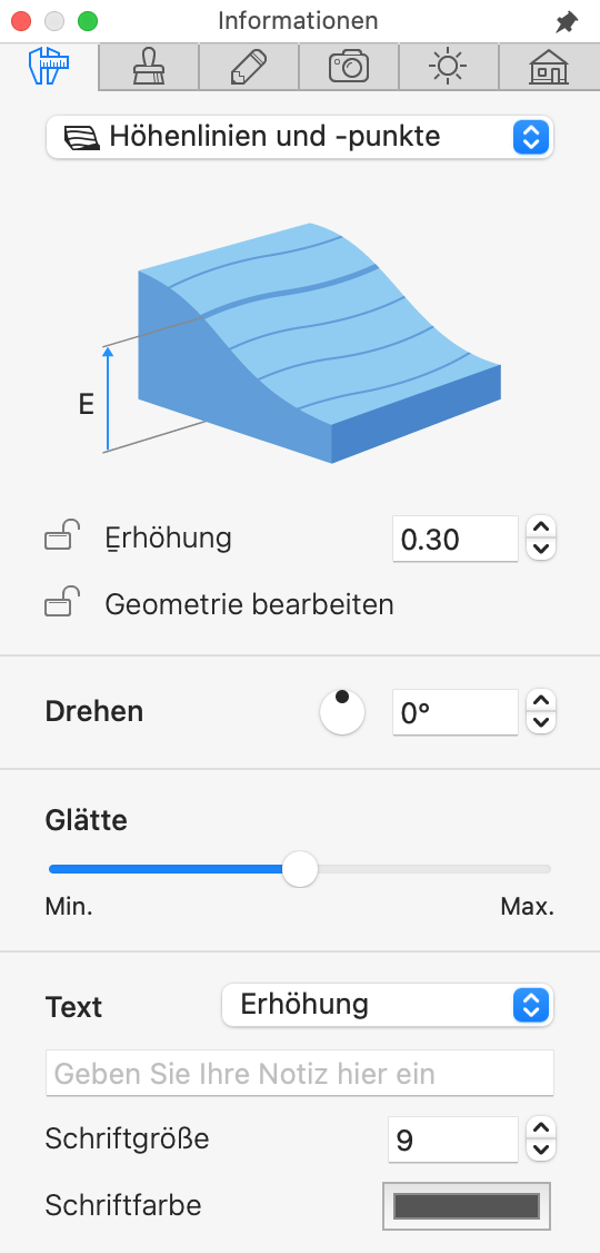 Eigenschaften des Höhenlinien-Objekts im Informationsfenster.