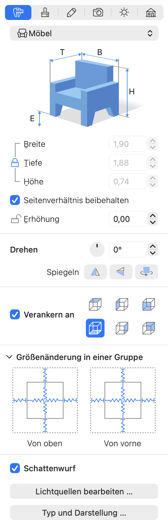 Informationsfenster mit den Einstellungen zur Größenänderung in einer Gruppe.