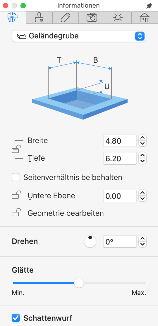 Eigenschaften des Gruben-Objekts im Informationsfenster.