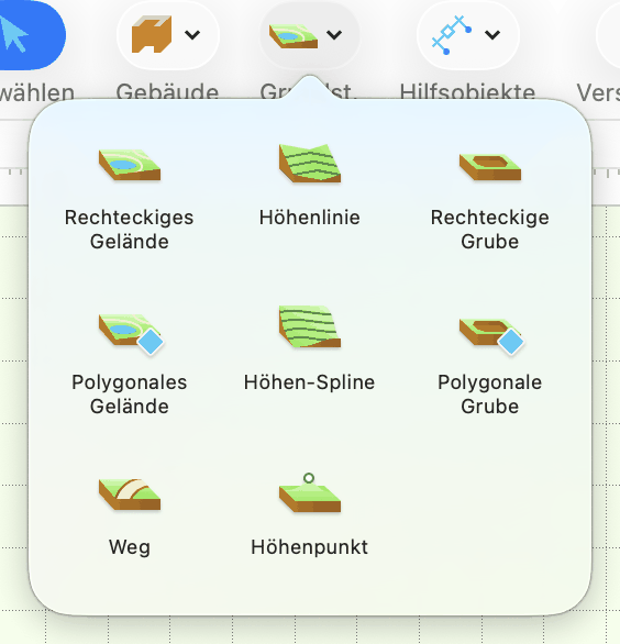Popup-Menü mit Grundstück-Werkzeugen.