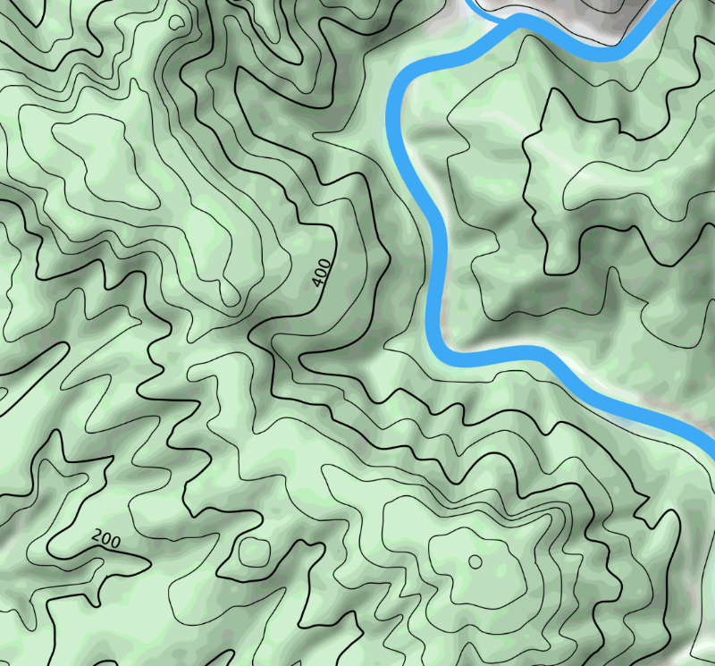 Topografische Karte mit Hügeln und einem Fluss.