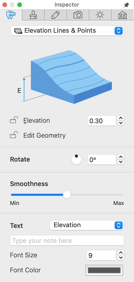 Properties of the Elevation Line object in the Inspector.
