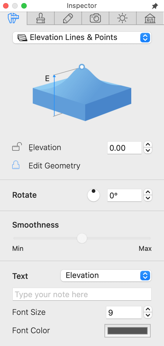 Properties of the Elevation Point object in the Inspector.