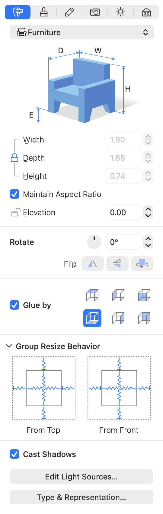 Inspector with the Group Resize Behavior settings.