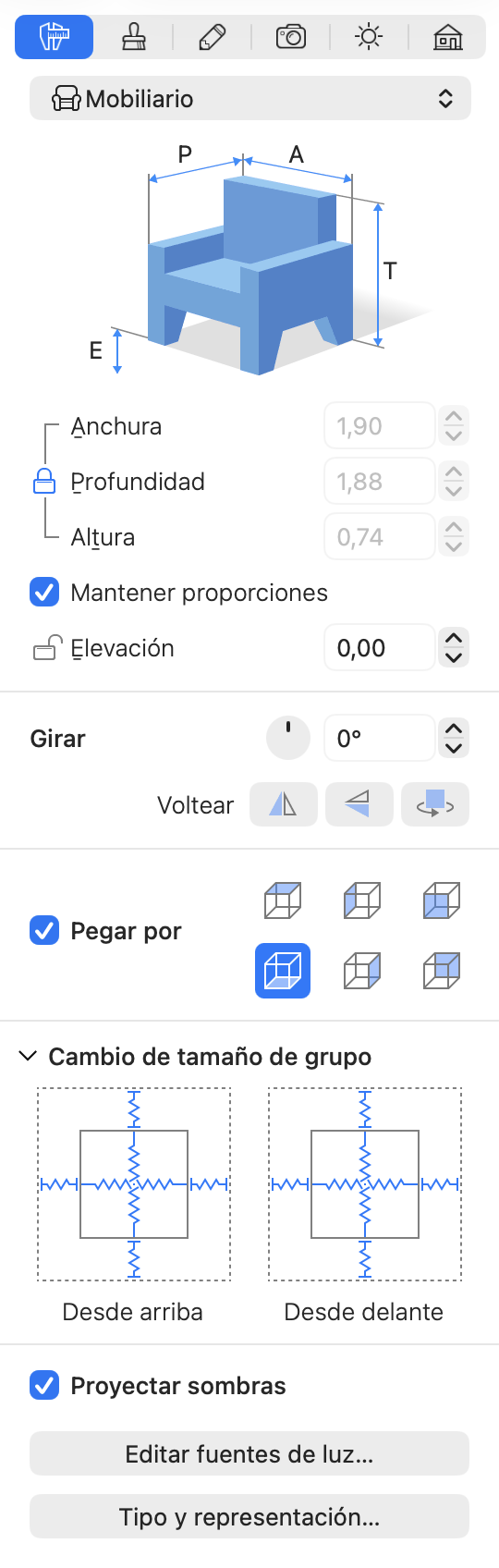 El Inspector con los ajustes de cambio de tamaño de grupo.