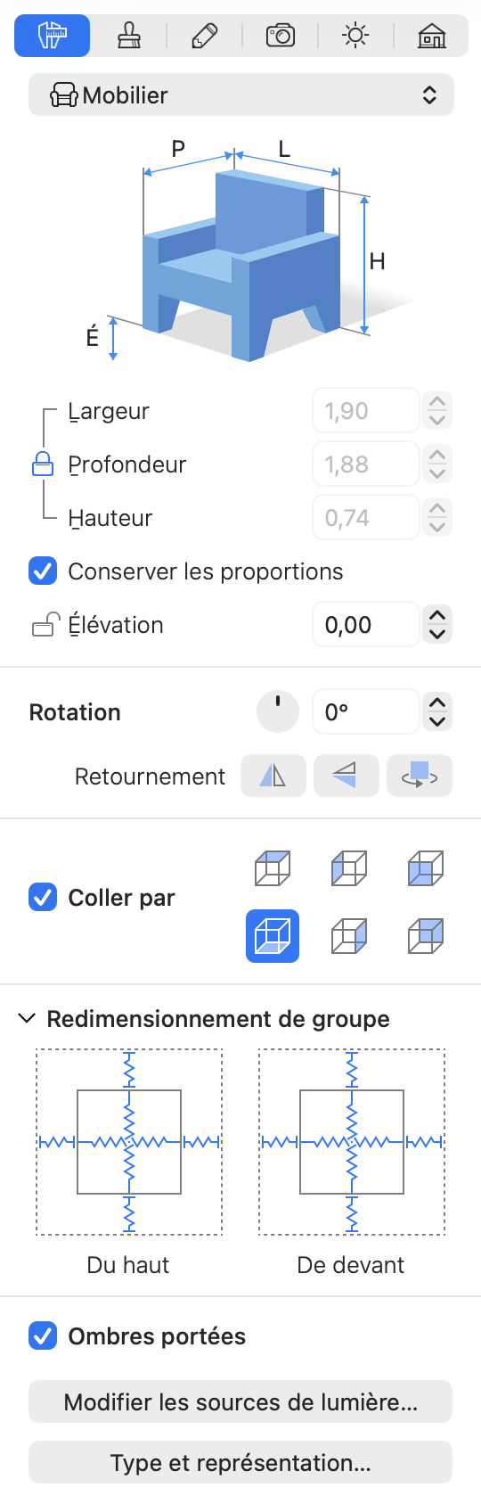 L’inspecteur avec les réglages de redimensionnement de groupe.