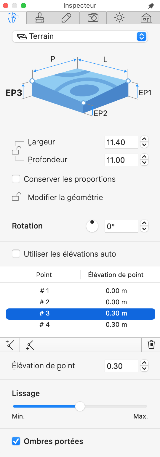 Propriétés de l’objet Terrain dans l’inspecteur.