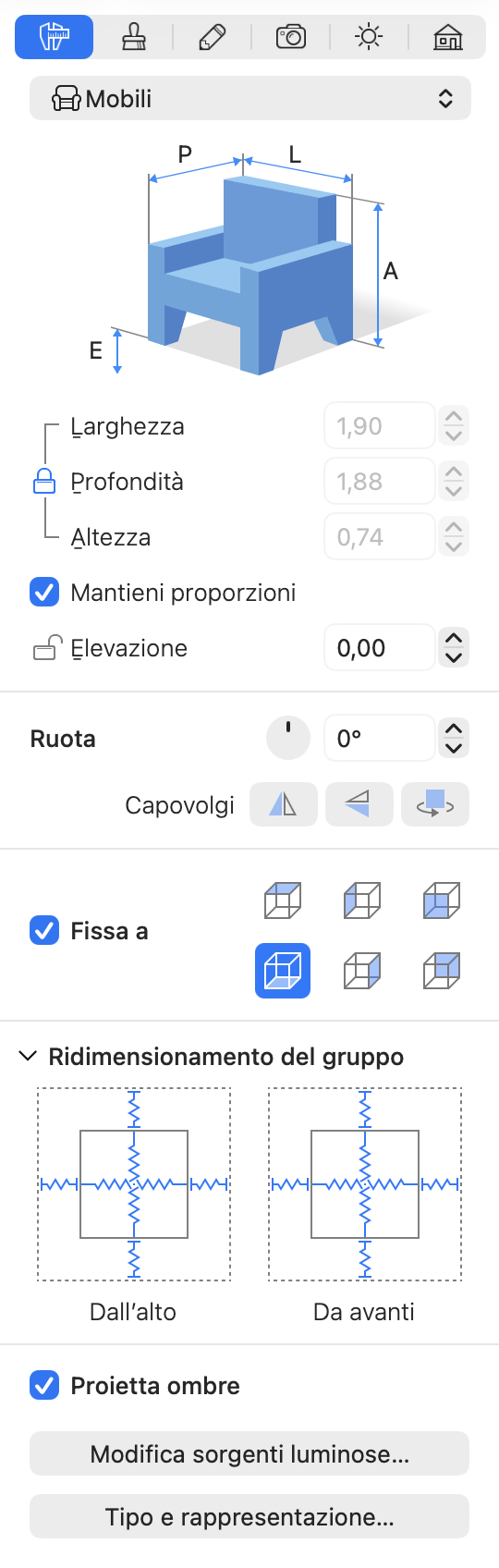 La finestra impostazioni con le opzioni di ridimensionamento del gruppo.