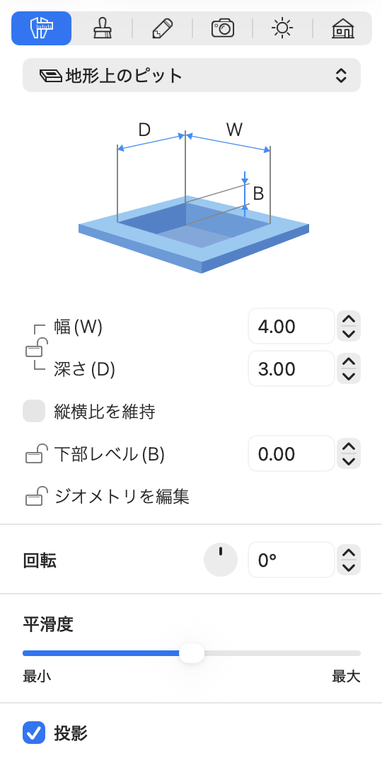 インスペクタのピットオブジェクトのプロパティ。