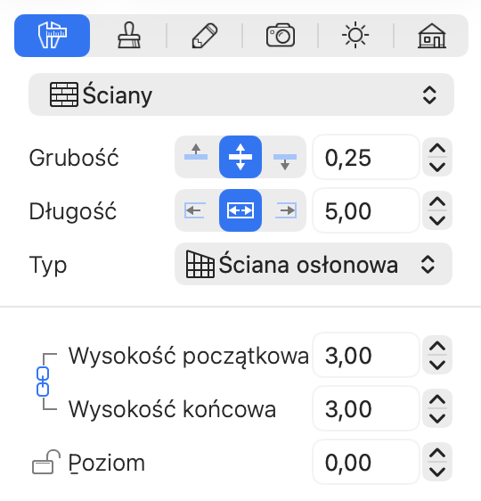 Właściwości ściany kurtynowej w Inspektorze.