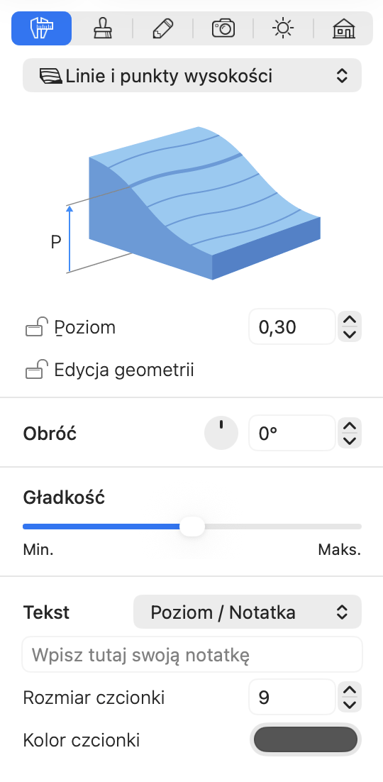 Właściwości obiektu Linia poziomicowa w Inspektorze.