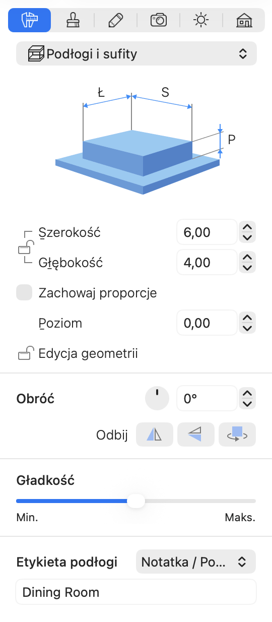 Parametry podłogi i sufitu