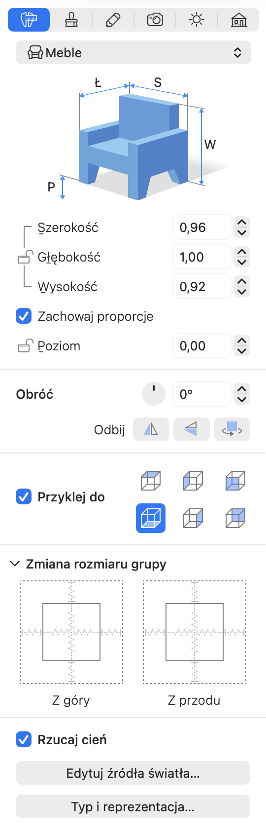 Parametry mebli