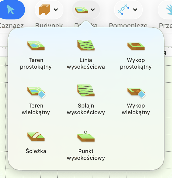 Menu podręczne z narzędziami działki.