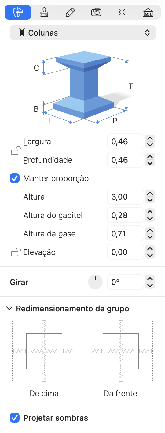 Parâmetros de colunas