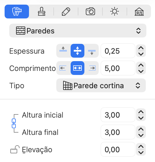 Propriedades de uma Parede Cortina no Inspetor.