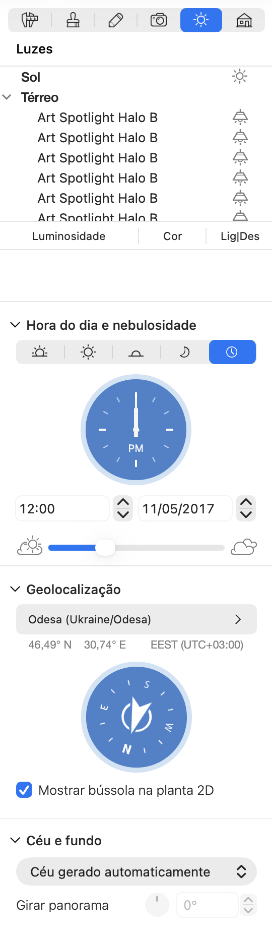 Configurações de luz do dia.