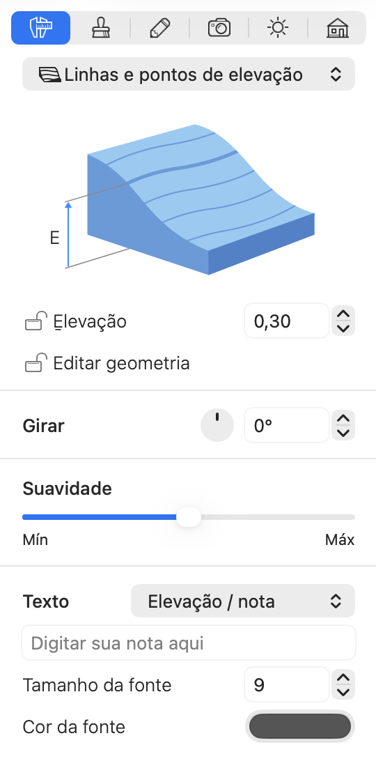 Propriedades do objeto Linha de Elevação no Inspetor.