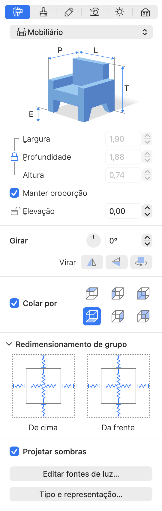 O Inspetor com as configurações de redimensionamento de grupo.