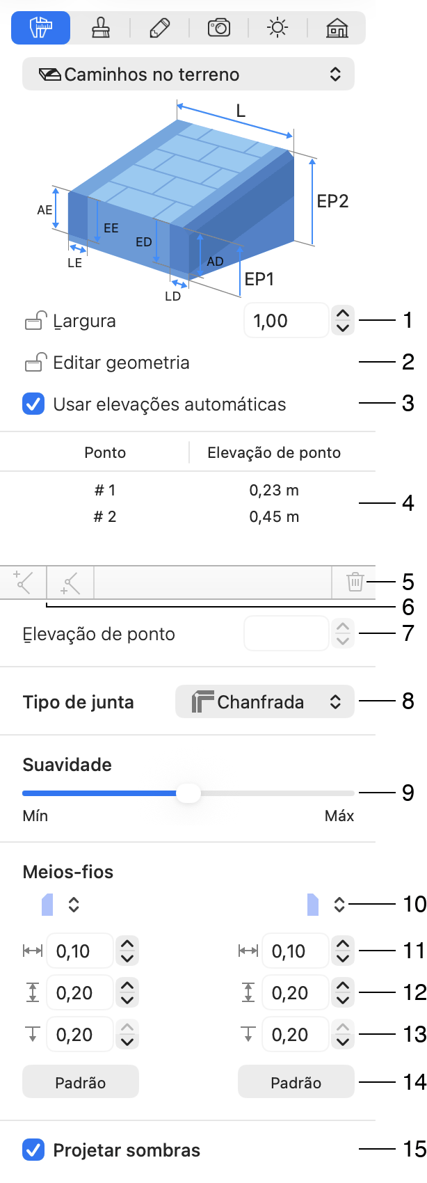Propriedades do objeto Caminho no Inspetor.
