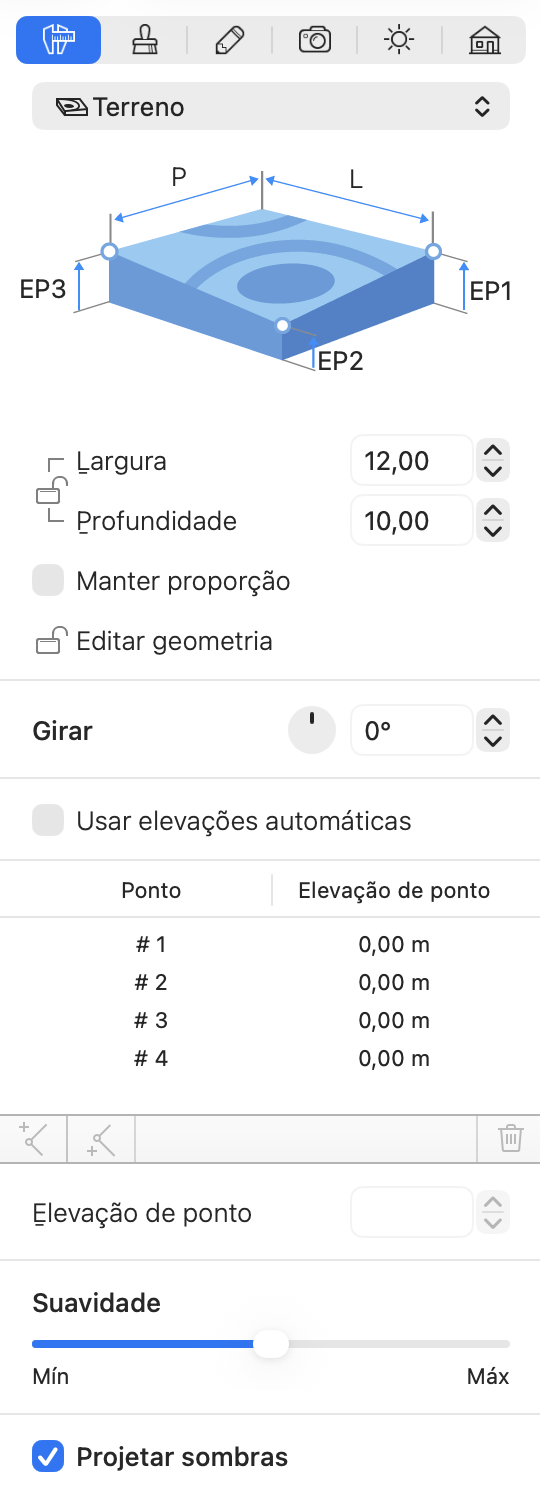 Propriedades do objeto Terreno no Inspetor.
