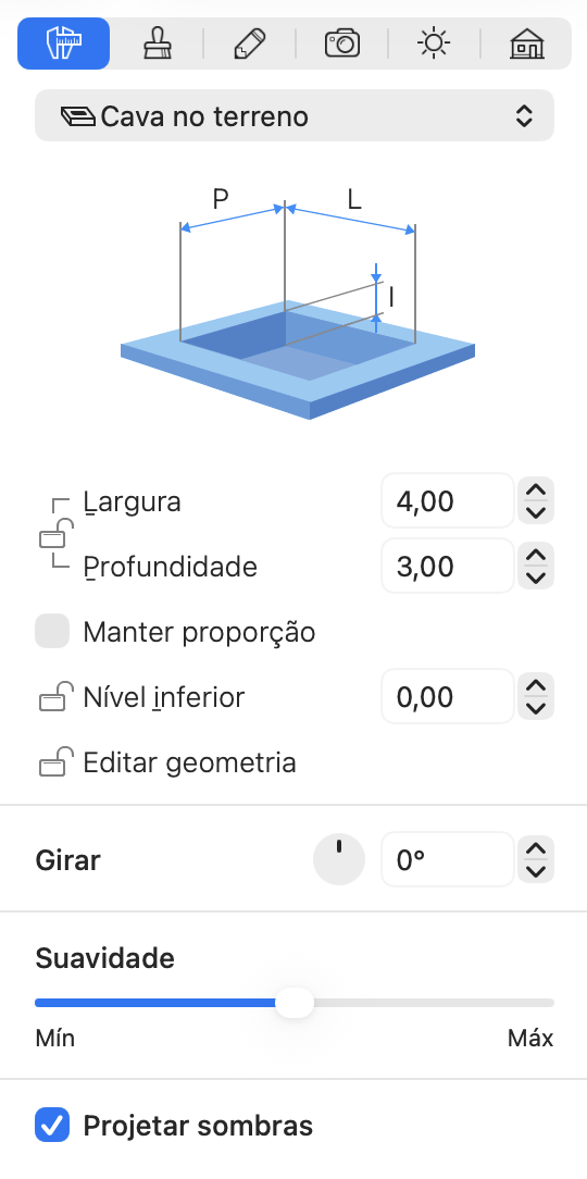 Propriedades do objeto Cava no Inspetor.