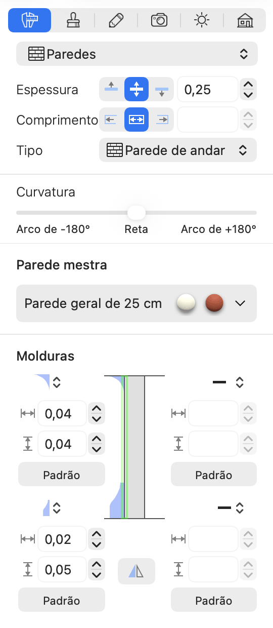 Parâmetros de parede no Inspetor