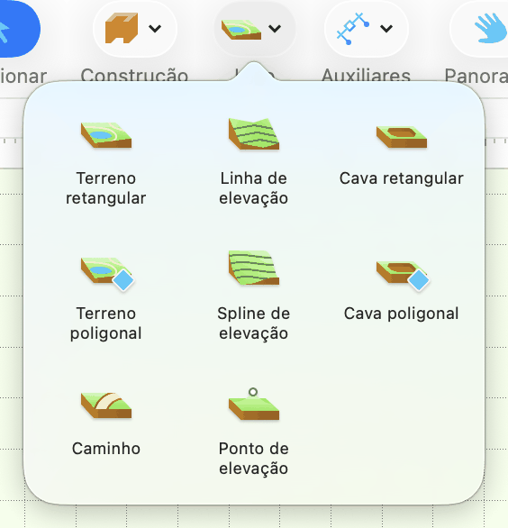 Menu pop-up com as ferramentas do Lote.