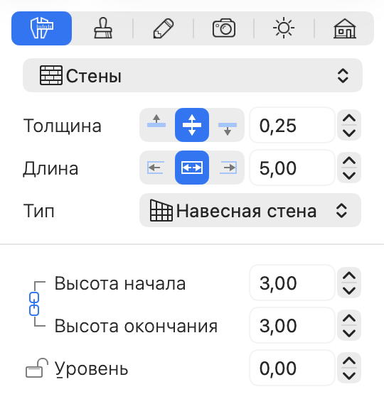 Параметры навесной стены в Инспекторе.