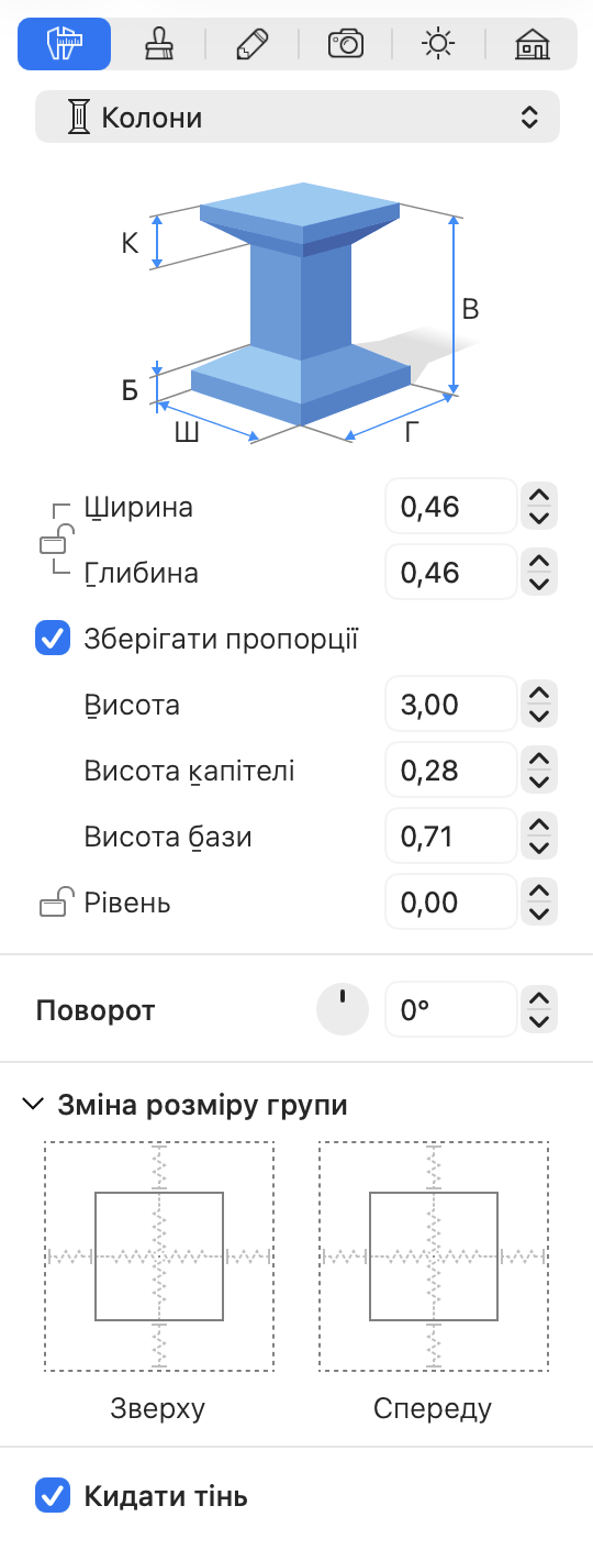 Параметри колон