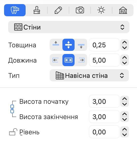 Параметри навісної стіни в Інспекторі.