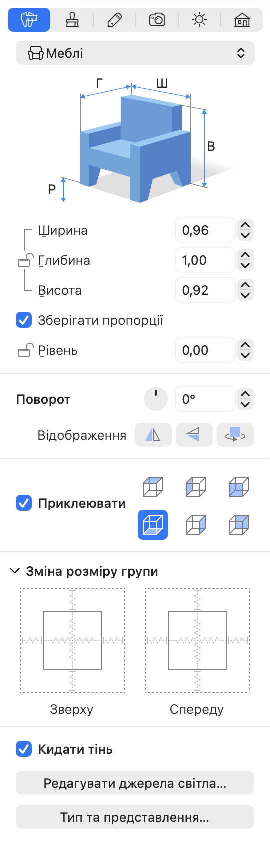 Параметри меблів