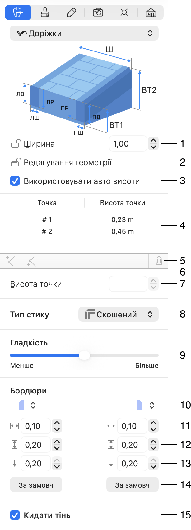 Параметри об’єкта «Доріжка» в Інспекторі.