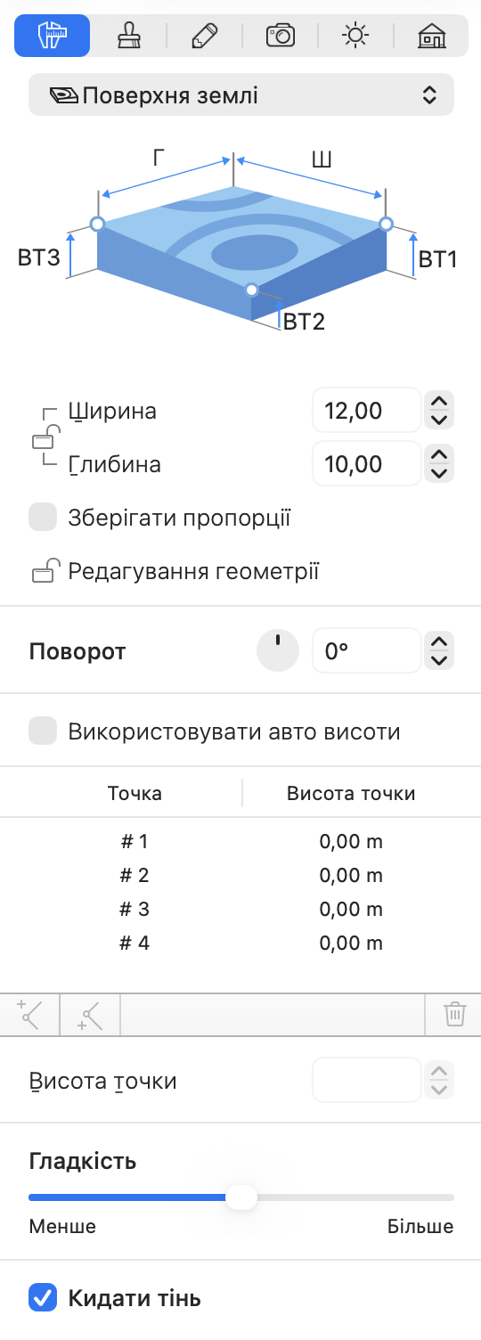 Параметри об’єкта поверхні землі в Інспекторі.