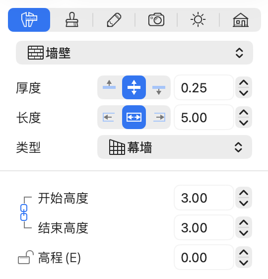 检查器中幕墙的属性。