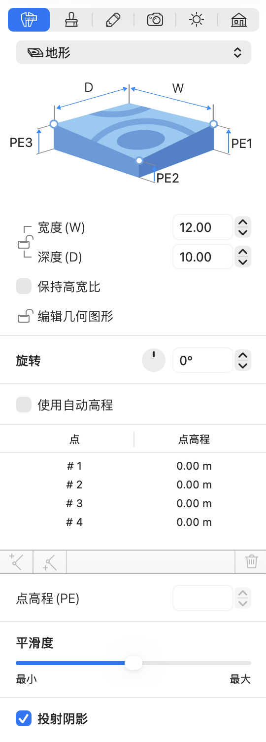 检查器中地形对象的属性。