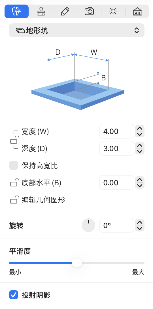 检查器中坑对象的属性。