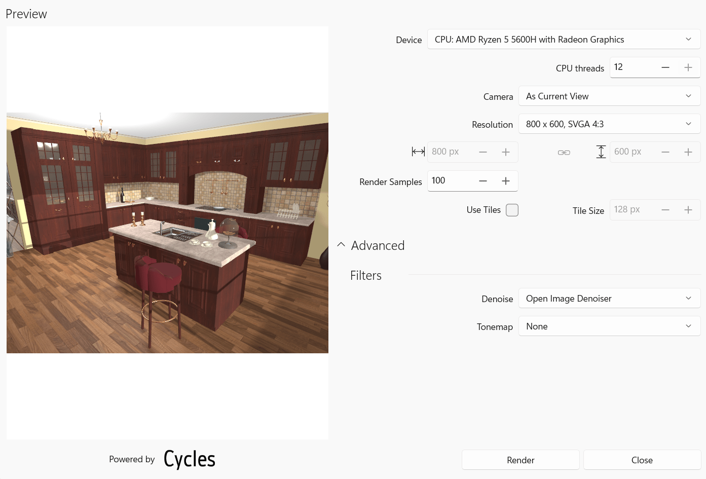 Einstellungen des Renderers Cycles