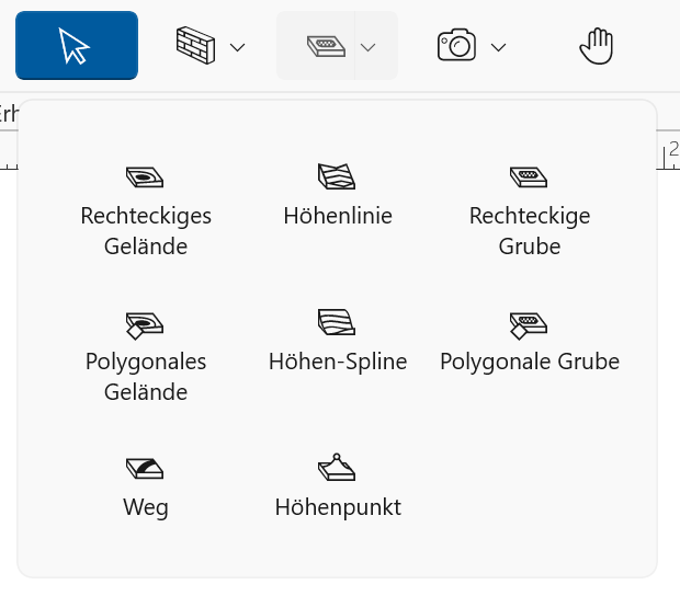 Einblendmenü mit Werkzeugsatz „Grundstück“.