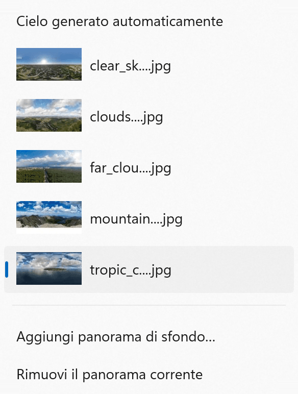 Menu del panorama di sfondo.
