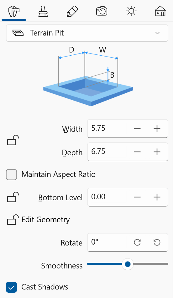 Параметри об’єкта «Яма» в Інспекторі.
