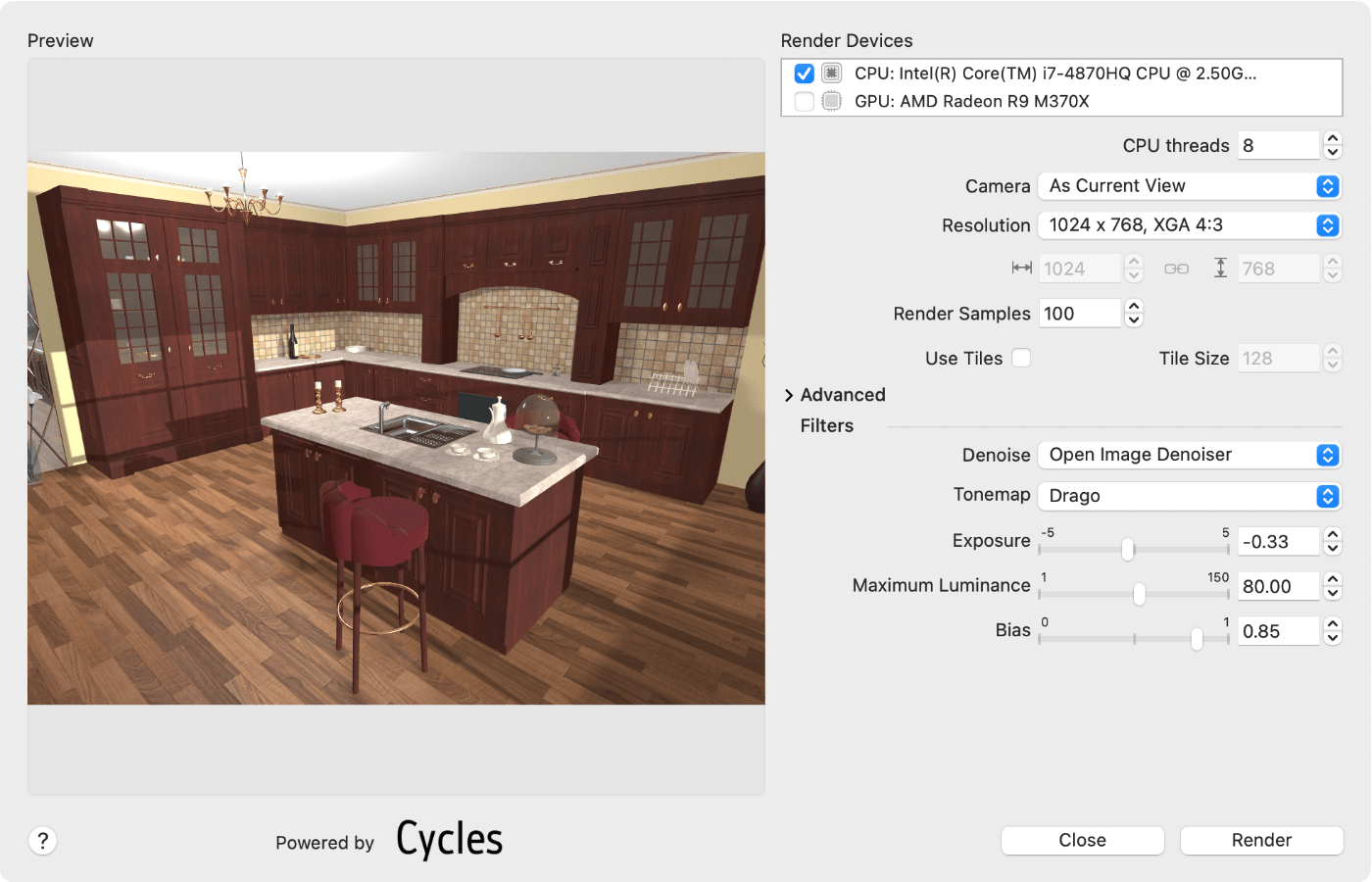 Settings of the Cycles renderer