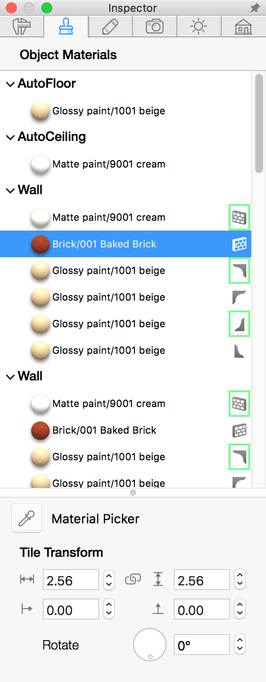 Object's materials in the Inspector