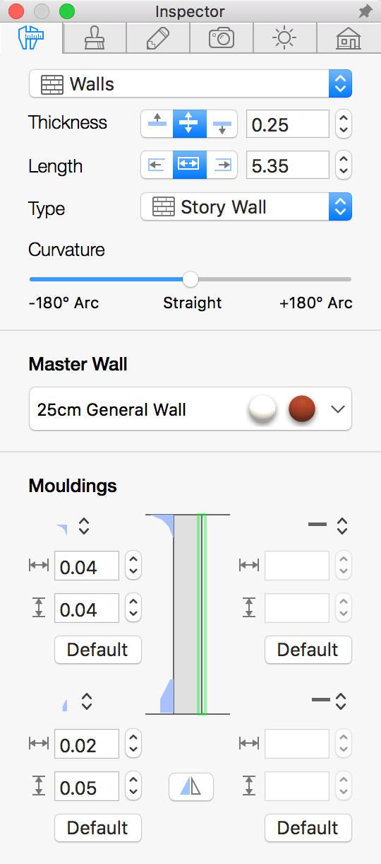Wall parameters in the Inspector