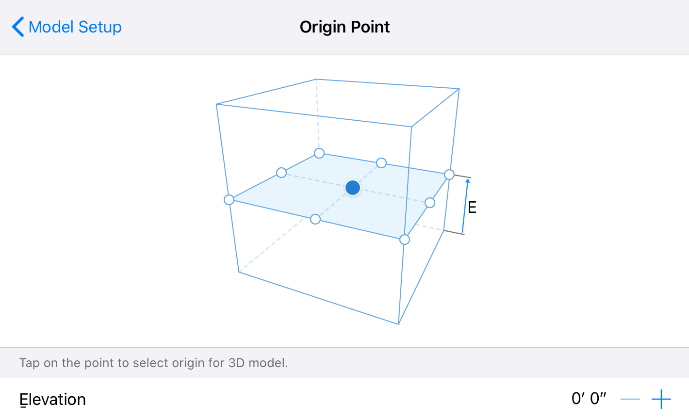 Settings to define the origin point and elevation of the 3D model in AR.