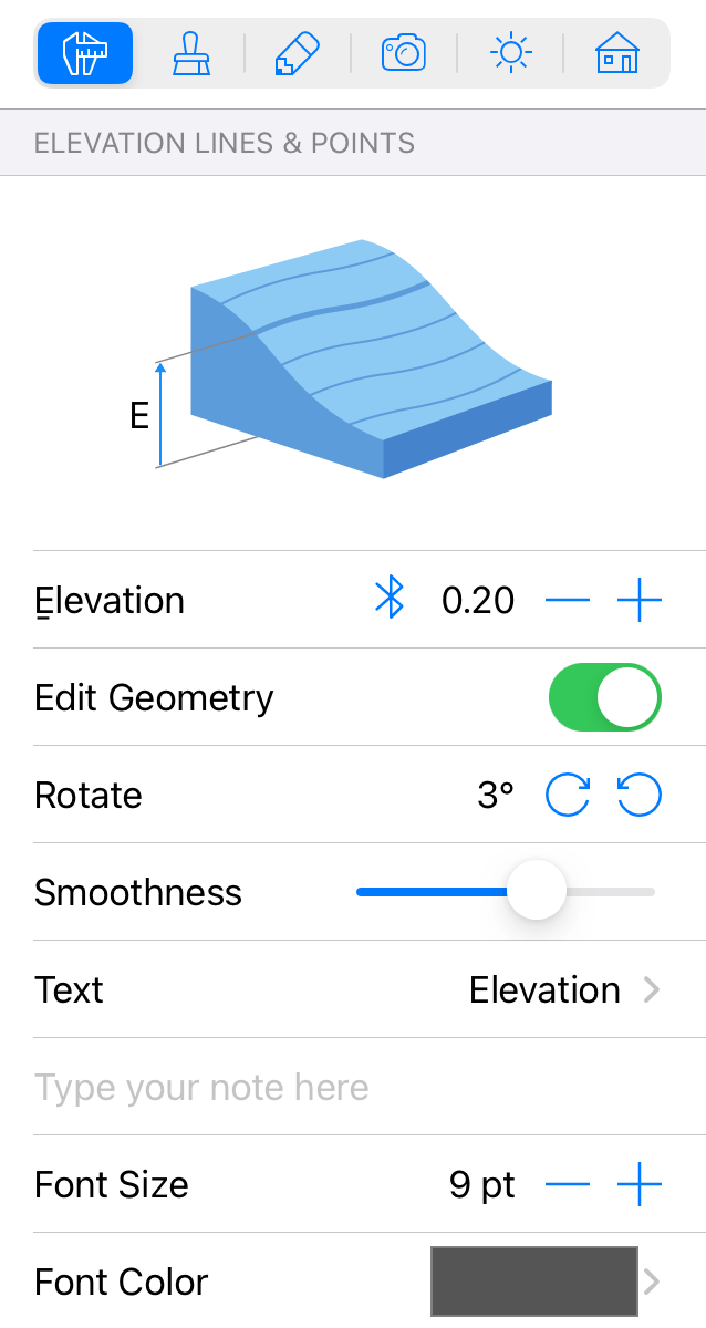 Properties of the Elevation Line object in the Inspector.