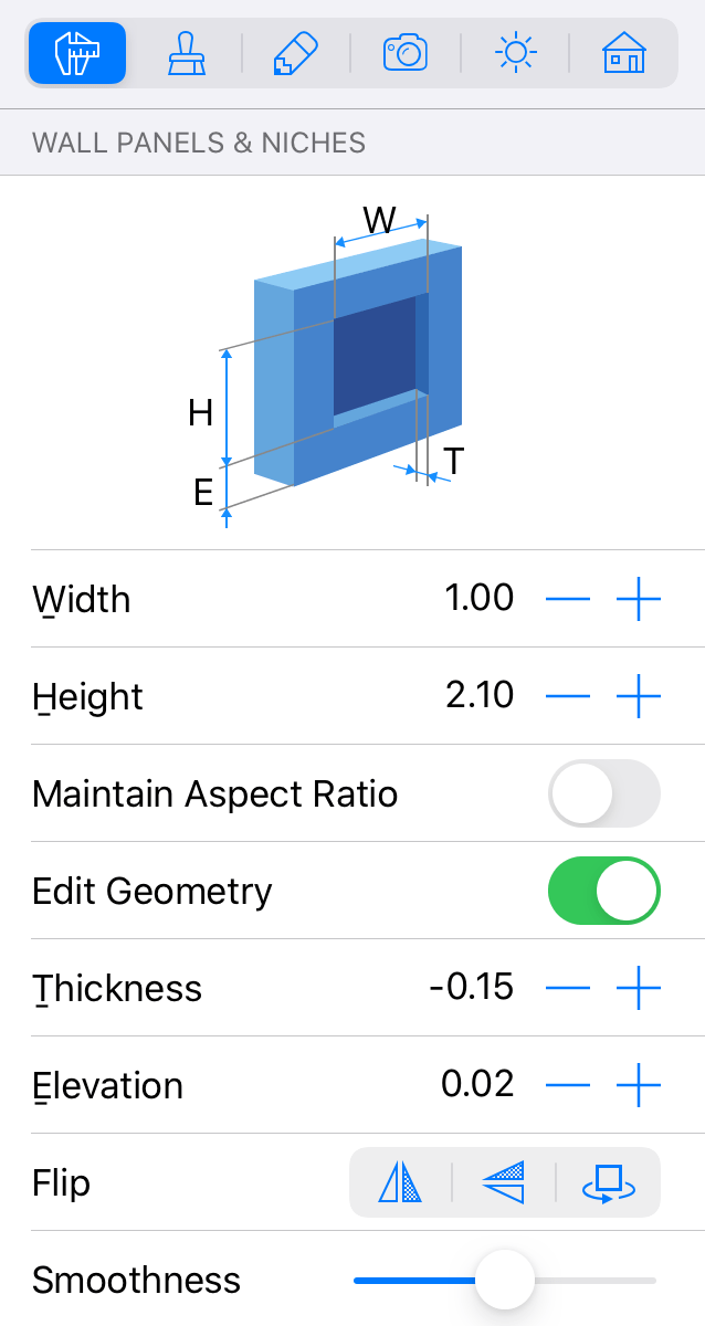 Parameters of niches and wall panels